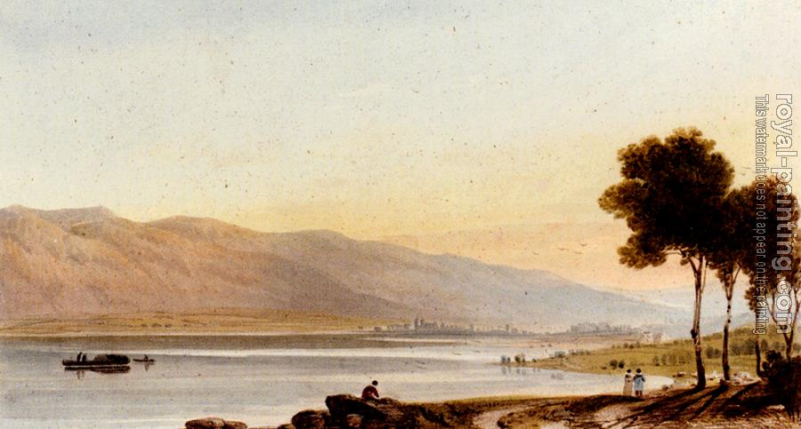 John Varley : Figures And Sheep On The Shore Of Lake Geneva